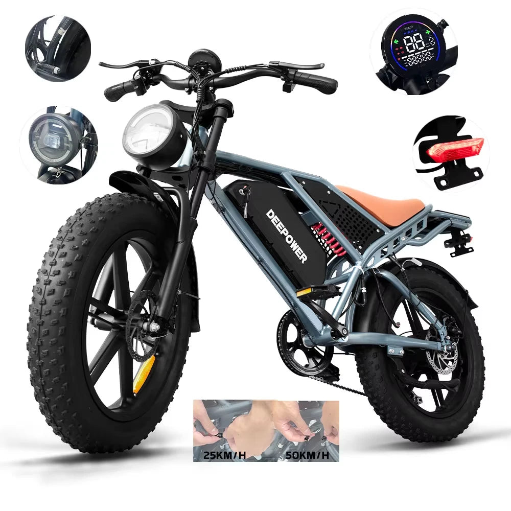 Vélo électrique fat bike DEEPOWER S7 – 48V, pneus 20x4.0, jusqu'à 200 km